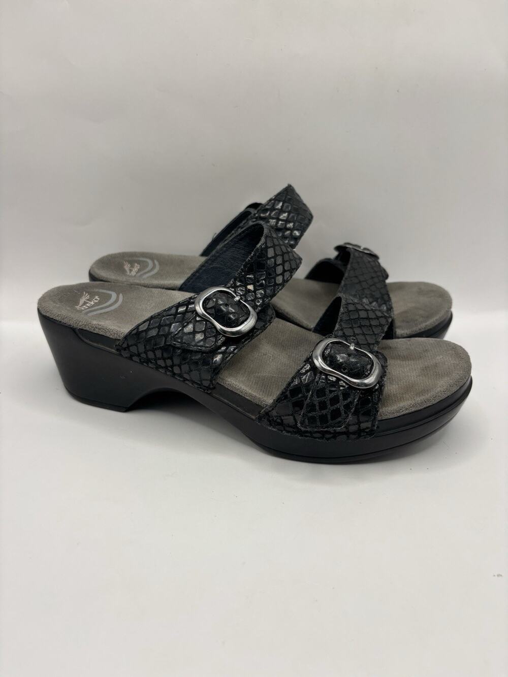 Dankso Sophie Black Metallic Python Leather Sandals Size 39 Women 8.5-9